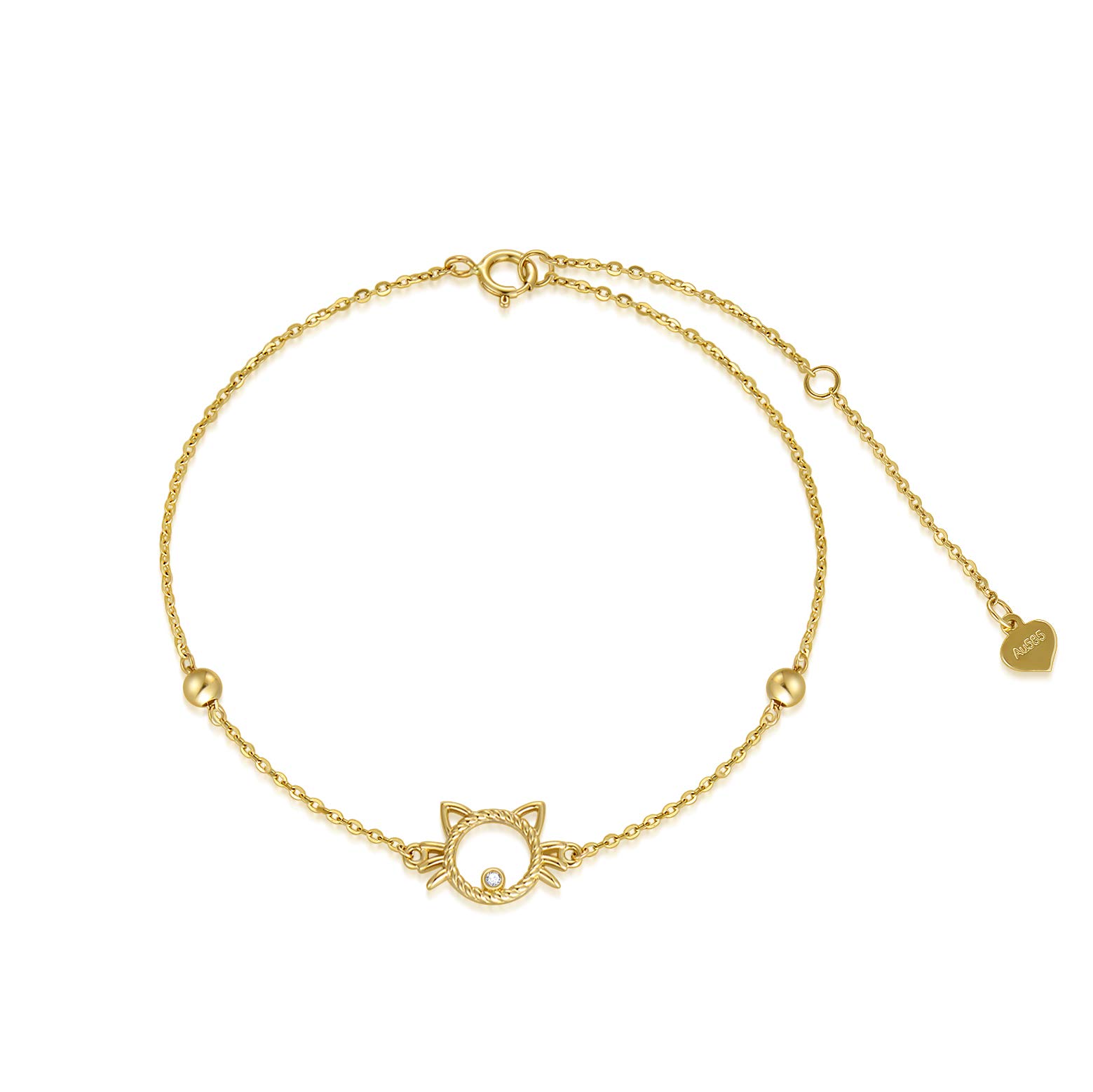 YDD 9ct Gold Cat Bracelet for Women, Pure Yellow Gold Lovely Pets Cat Bracelet for Girls with Cubic Zirconia Gold Beads Adjustable Bracelet Gifts for Her 6.5''+1''+1'' inch