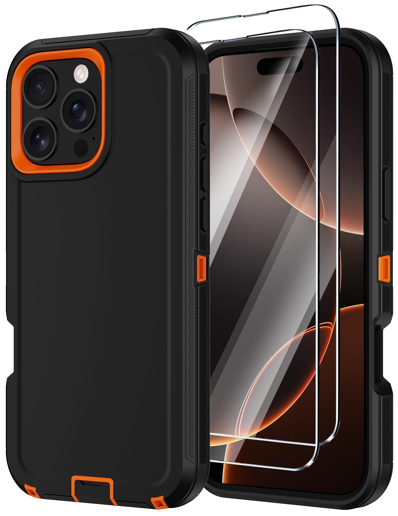 for iPhone 16 Pro Max Case with Screen Protector,Heavy Duty Military Grade Drop Protection Cases,Shock-Absorbing Dust Proof Rugged Durable Bumper Cell Phone Cover for Apple 16 ProMax 6.3"(Black Orange