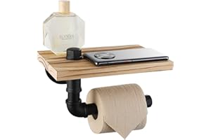 Livabber Industrial Pipe Toilet Paper Holder - Vintage Style DIY Wall Mount Roll Tissue Towel Holder for Bathroom Living Room and Kitchen (7" with Shelf, Black)