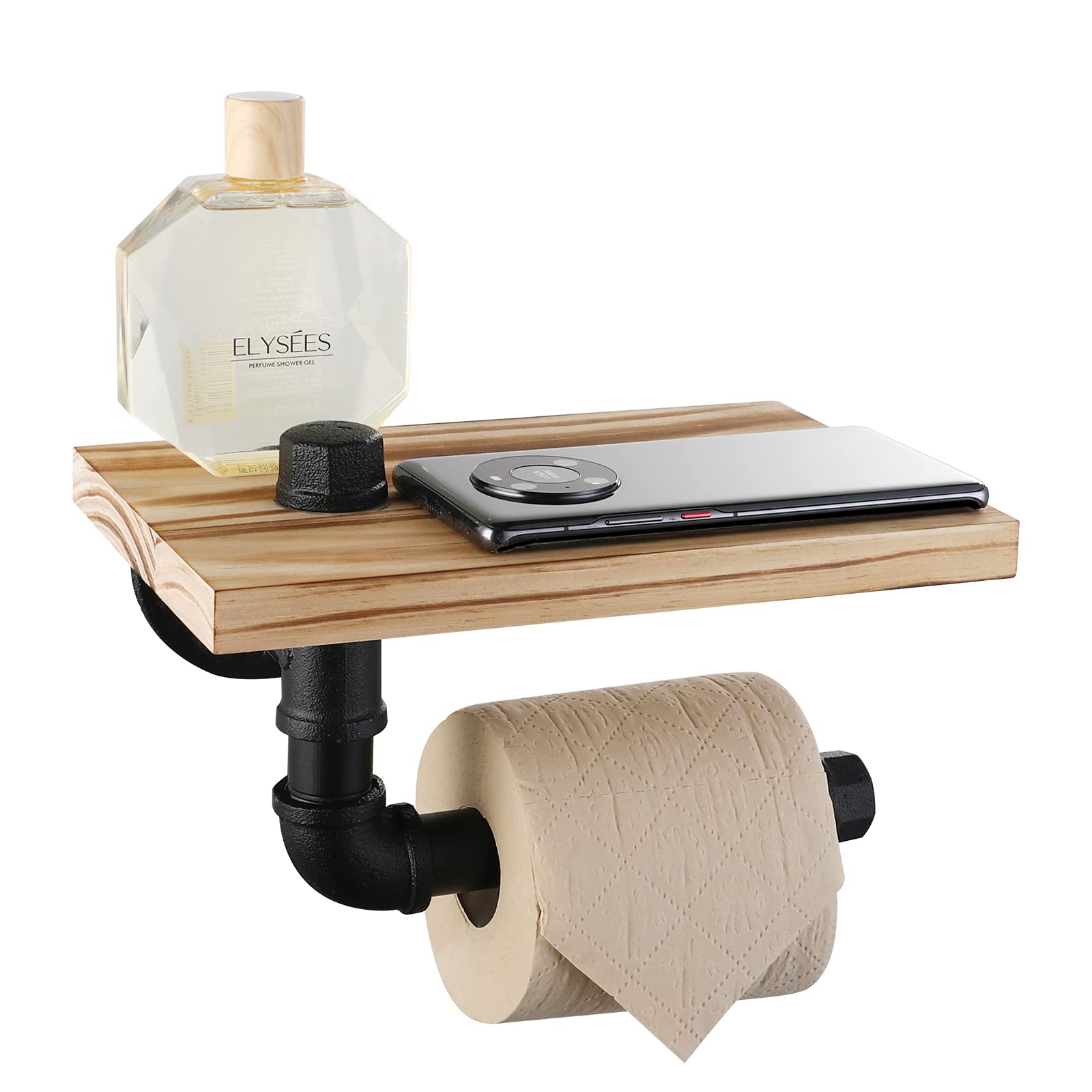 Photo 1 of Livabber Industrial Pipe Toilet Paper Holder - Vintage Style DIY Wall Mount Roll Tissue Towel Holder for Bathroom Living Room and Kitchen (7" with Shelf, Black)