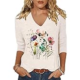 TKTSO Boho Floral Graphic V Neck Shirt for Women Funny Flower Wildflower 3/4 Sleeve Tee Casual Basic Tops Pullover
