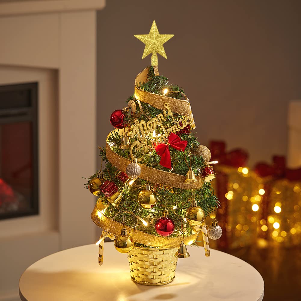 Mini Christmas Tree With LED Lights 45cm Tabletop Christmas Tree With Decorated Gift Boxes for Home Office Bar Home Dining Table Decor