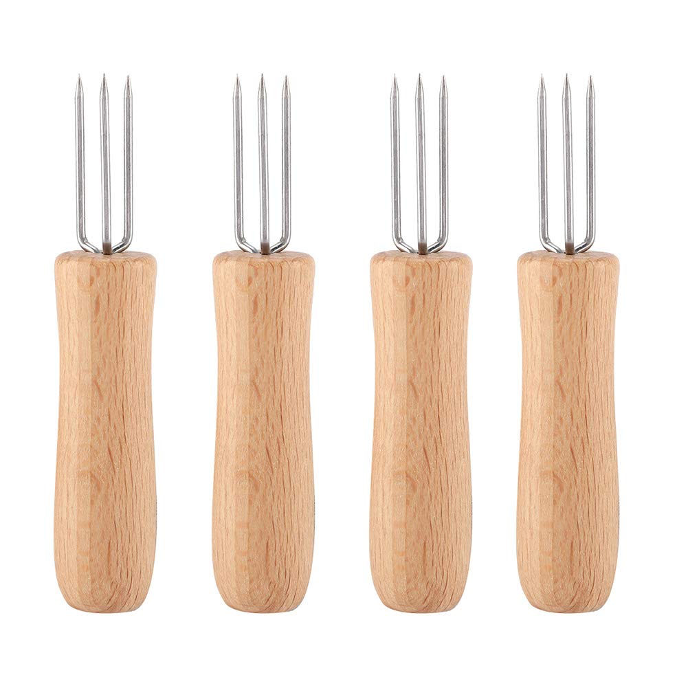 TOPINCN 4Pcs Wooden Handle Orn In The Cob Handlesstainless Steel Pickle Fork Stainless Steel BBQ Meat Fruit Forks Barbecue Corn Holder