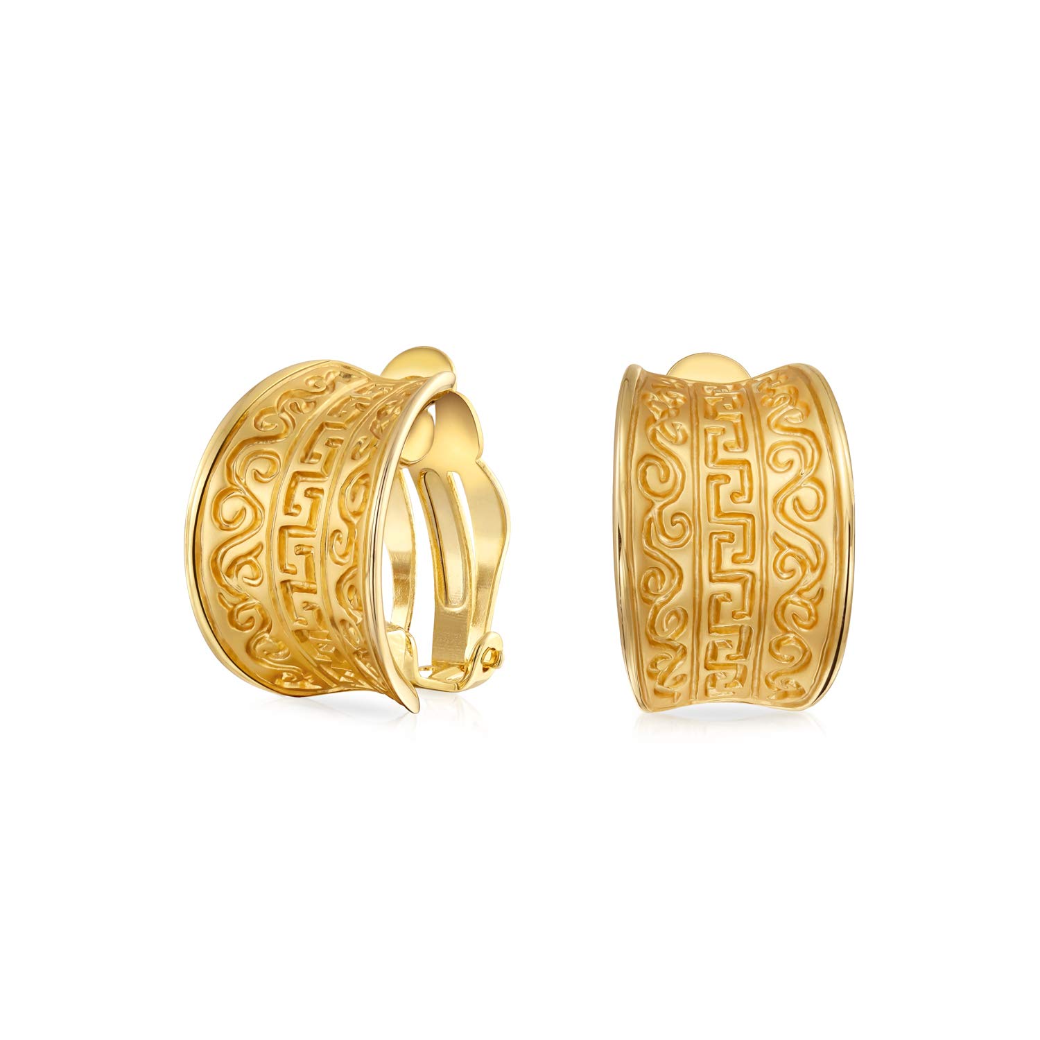 Egyptian Greek Motif Wide Half Hoop Clip On Earrings For Women Non Pierced Ears Matte Gold Plated Brass