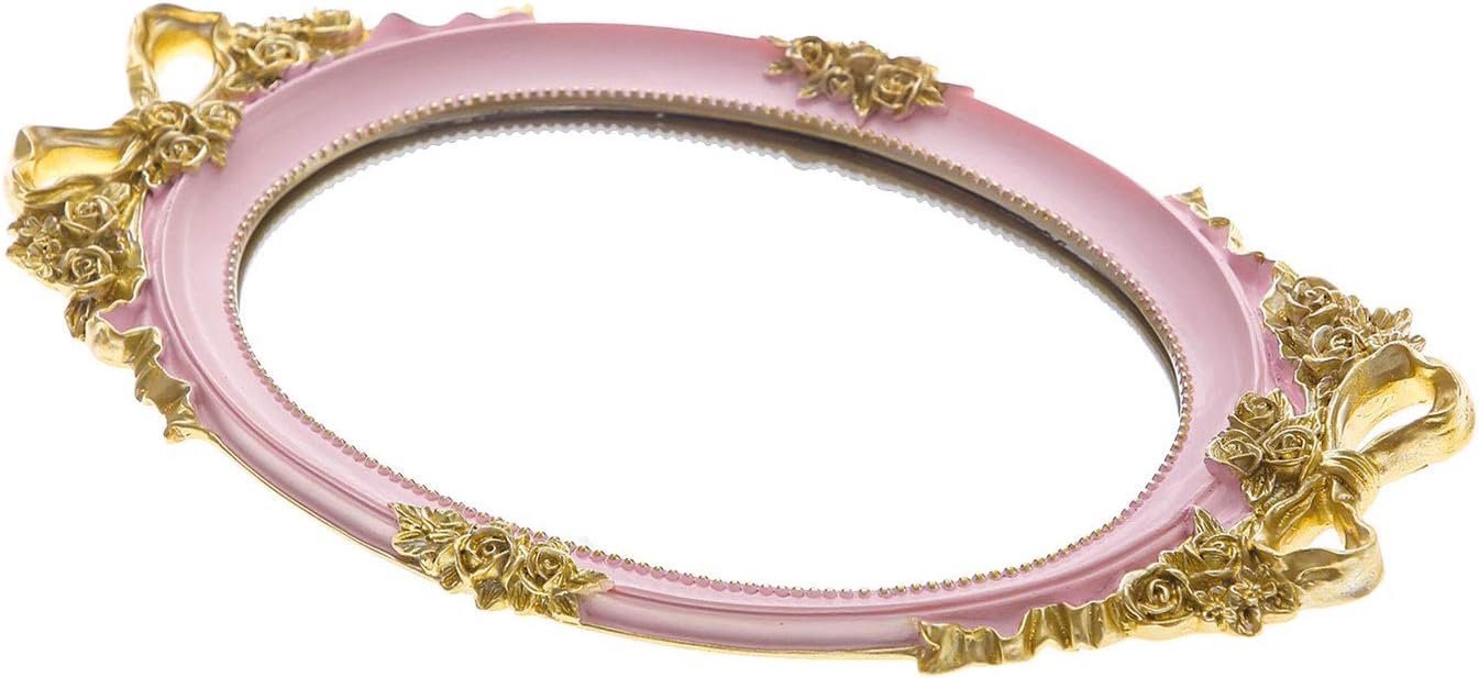Resin Antique Ellipse Serving Mirror Decorative Tray, Makeup and Jewelry Organizer, Vanity Tray Dresser, Bathroom, Bedroom Home Decoration Ornament, 12", Pinkish Purple
