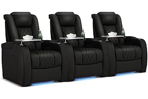 PBRO Home Theater Seating Genuine Leather Recliner Chair, Power Reclining & Headrest, USB A/C Charging Ports, Tray Table, Cup Holder Ambient Lighting 3 Sets Black