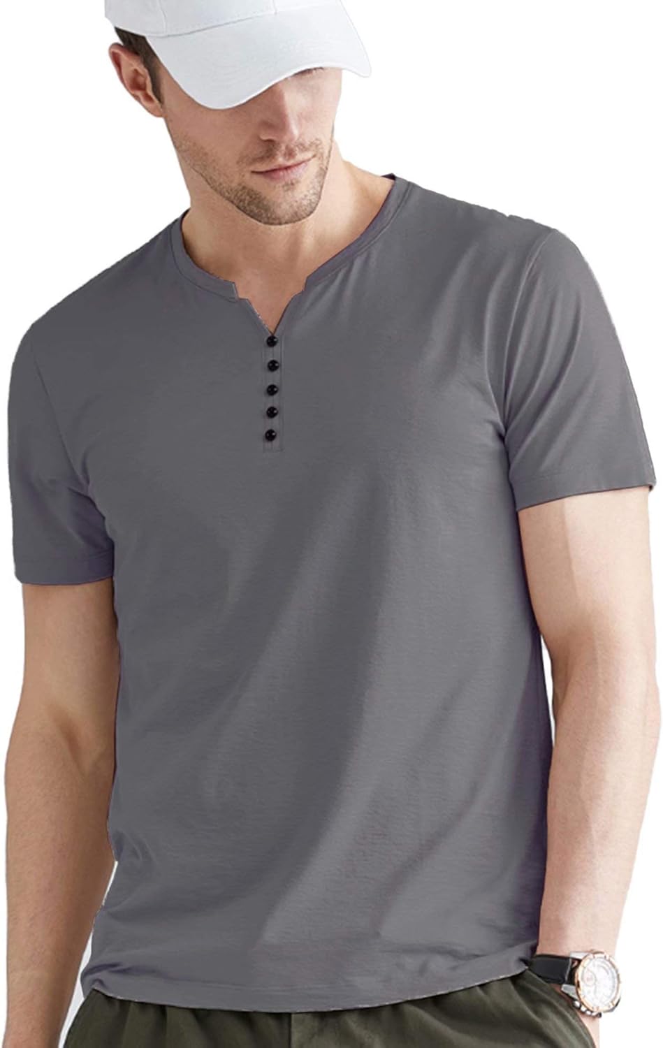 LecGee Men's Cotton Henley Shirt Short Sleeve Regular Fit Henley Top Casual Fashion T-Shirt with Buttons: Clothing