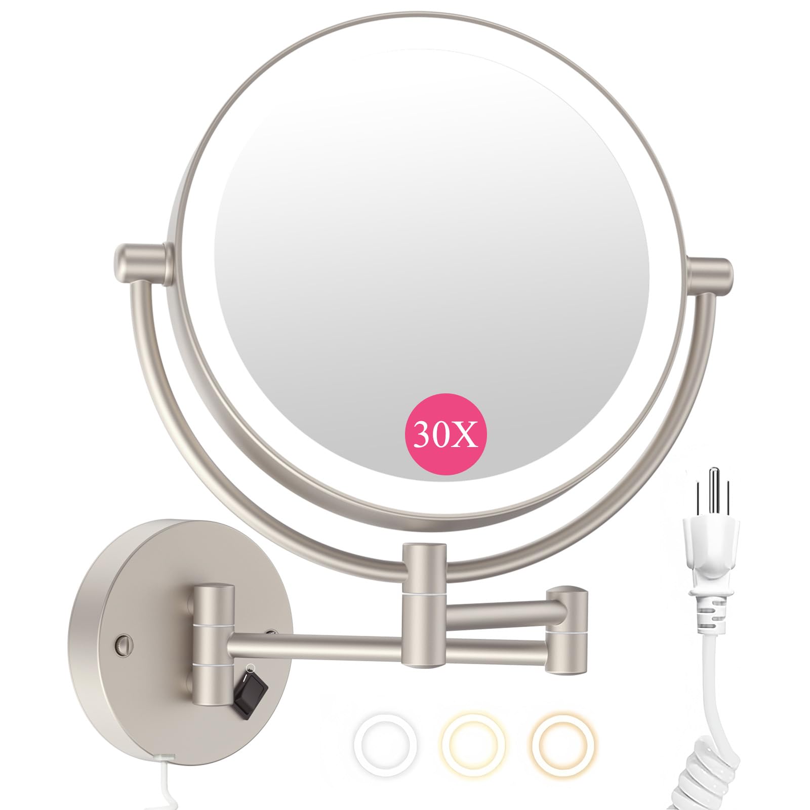 Photo 1 of Wall Mounted Makeup Mirror with Lights, 30X/1X Double-Sided Magnifying, Plug-in Lighted Vanity Mirror with 3 Color Modes, Dimmable Brightness, 360° Swivel Extendable Arm for Bathroom & Grooming