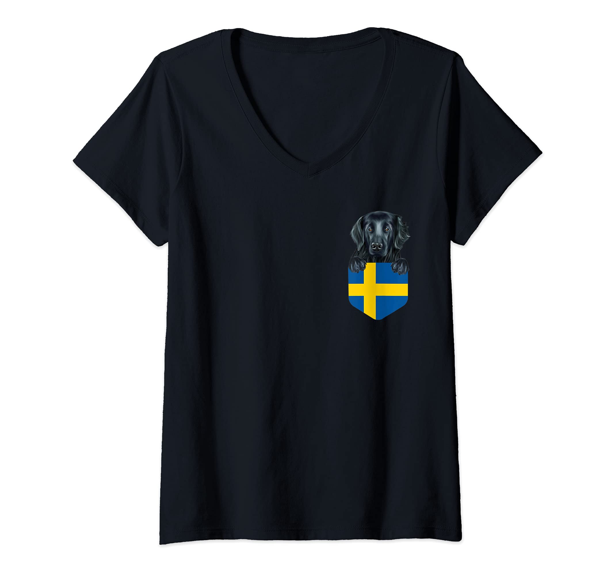 Womens Sweden Flag Flat-Coated Retriever Dog In Pocket V-Neck T-Shirt