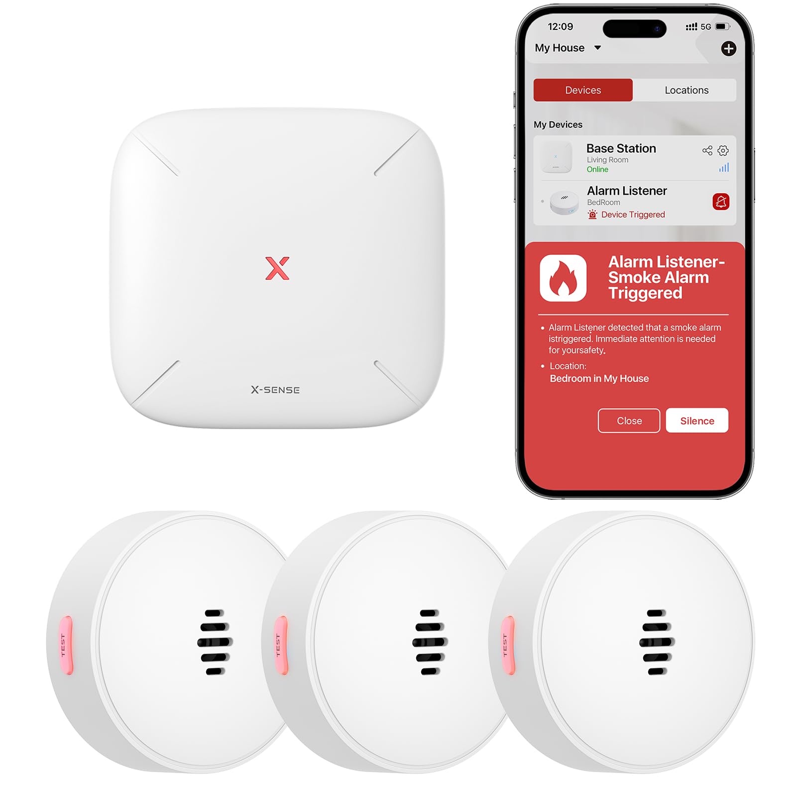 X-Sense Wi-Fi Alarm Listener Kit with Voice Location, Real-Time Notifications, Works with All Smoke Detectors and Carbon Monoxide Detectors, 3 Listeners & 1 Base Station, Model SAL301