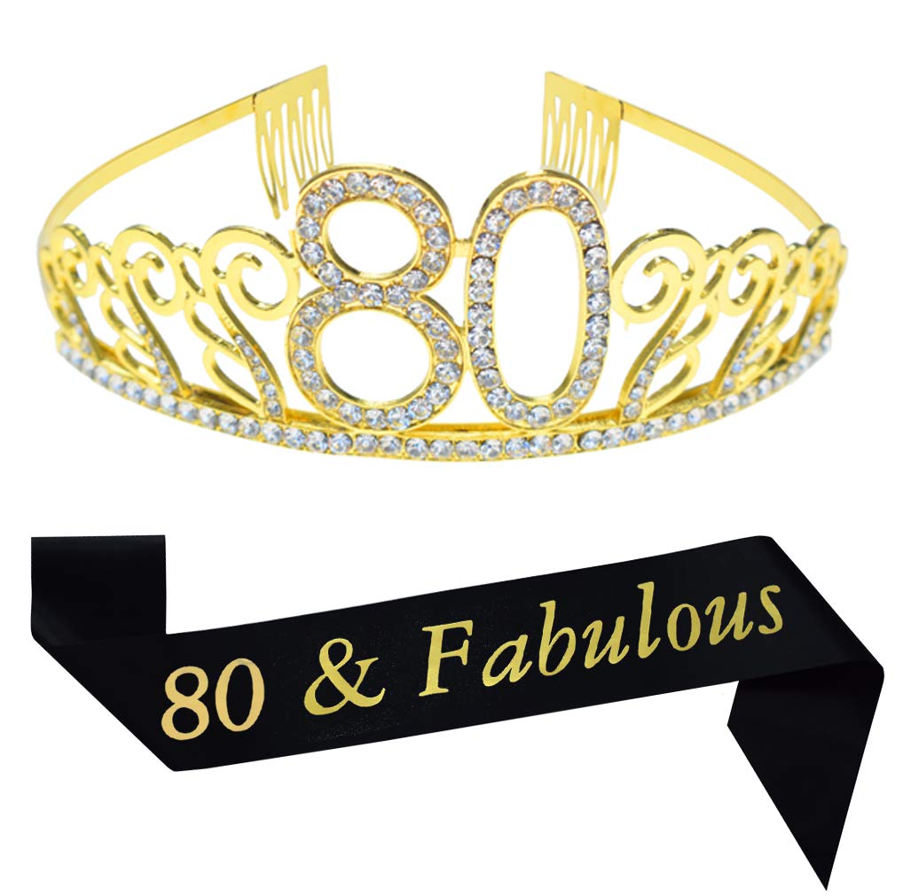 80th Birthday Gold Tiara and Sash Glitter Satin Sash and Crystal Rhinestone Tiara Crown for Happy 80th Birthday Party Supplies Favors Decorations 80th Birthday Cake Topper