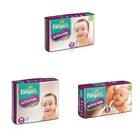 Pampers Active Baby Medium Size Diapers (62 Count), Pampers Active Baby Diapers, Medium (90 Count) & Pampers Active Baby Diapers, Small (46 Count)