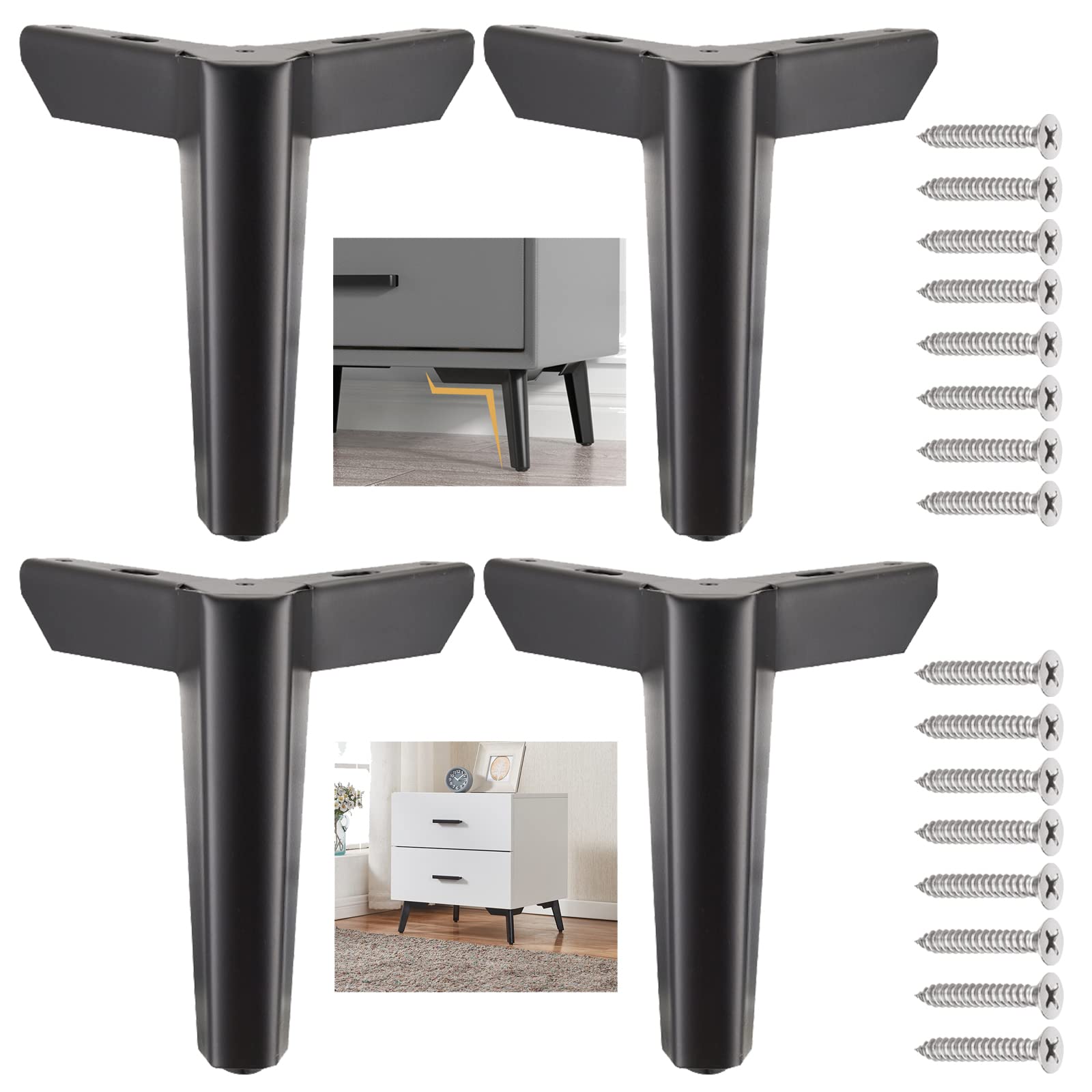 QIUUE Diamond Triangle Furniture Feet Sofa Legs Set of 4 Metal Modern Furniture Sofa Legs Black Metal 10cm with Screws for Bed Legs, Bedside Table Legs, Sideboard Legs, DIY Metal Table Legs