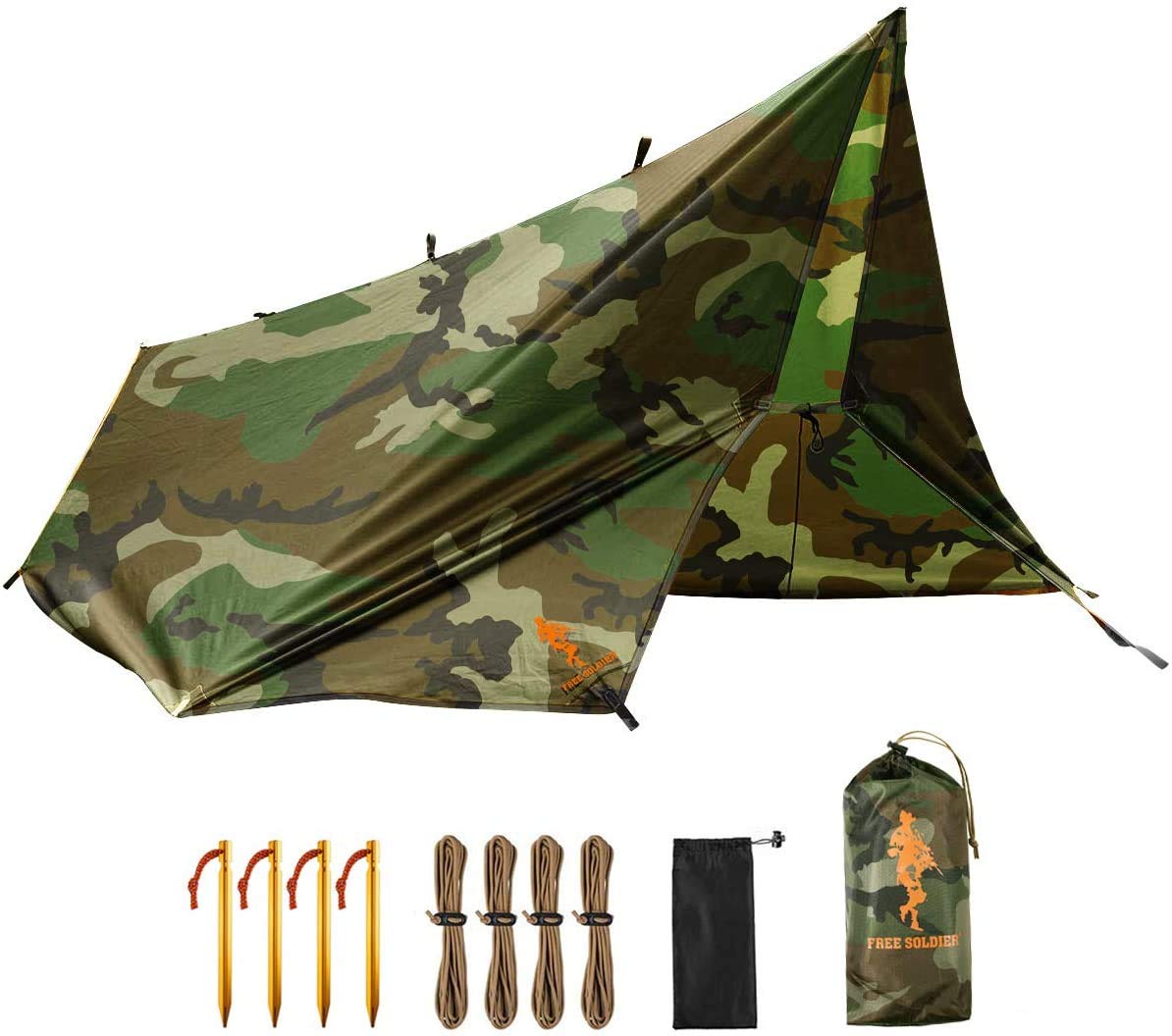 FREE SOLDIER Camping Tarp Waterproof 3m x 3.2m Large Hammock Tent Tarp Portable Tarpaulin Anti-UV Shelter Sun Block Sunshade Awning for Camping Hiking Traveling Outdoor Sports (Camouflage with Nails)