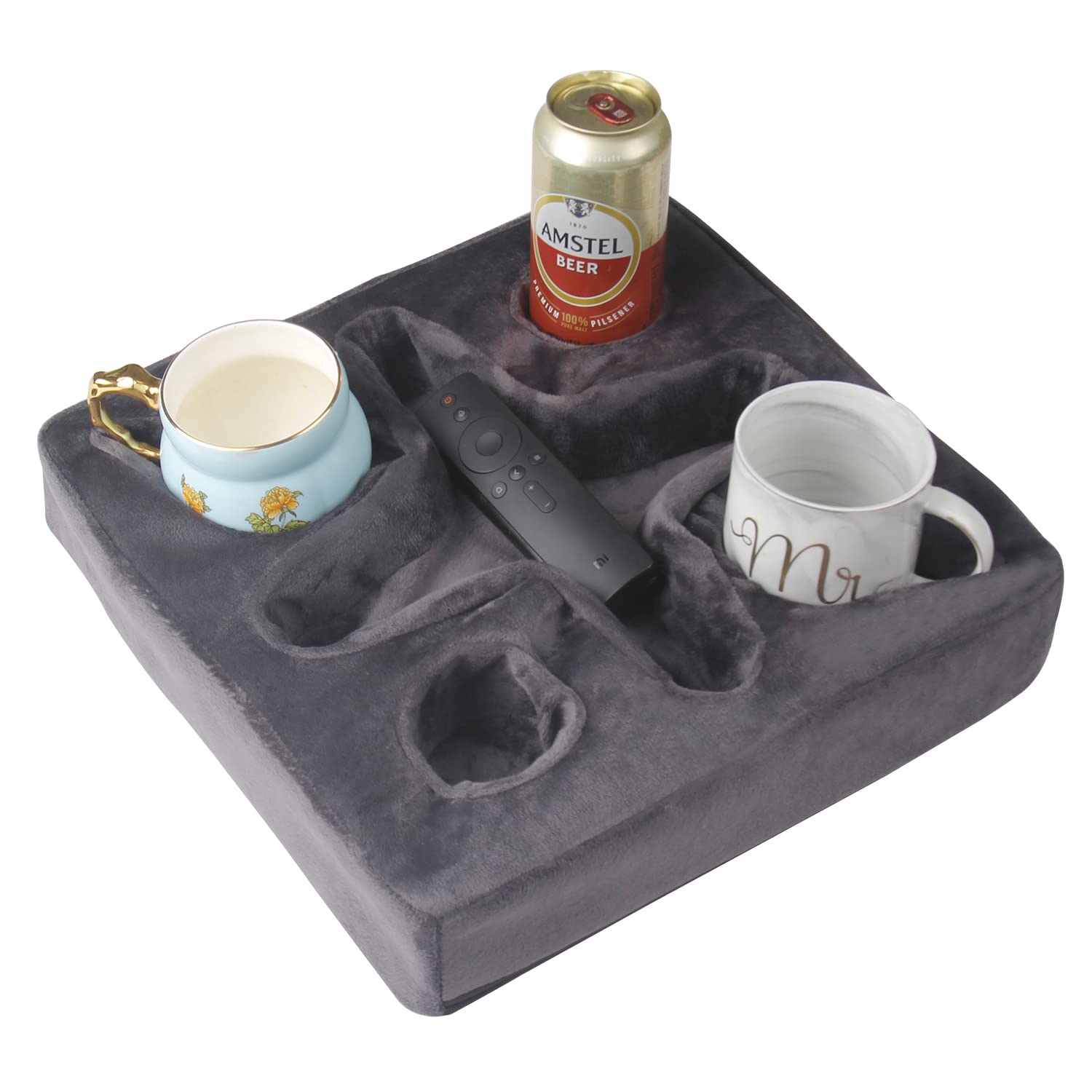 Couch and Bed Cup Holder Pillow, Sofa Refreshment Tray for Drinks/Remote Control/Snacks Holder (Gray)