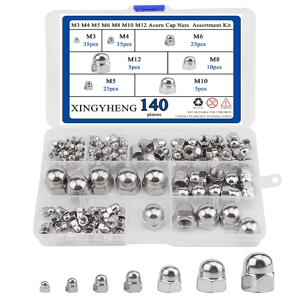 BGTXINGI 140Pcs 7Kinds 304 Stainless Steel M3 M4 M5 M6 M8 M10 M12 Acorn Cap Nut Decorative Hex Cap Dome Nuts Assortment Kit