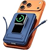 Vexnara for Magsafe Battery Pack, 10000mAh Power Bank for iPhone with Built-in Cables, 20W Fast Charging Magnetic Wireless Portable Charger with Stand for iPhone 17/16/15/14/13/12/Apple Watch Series