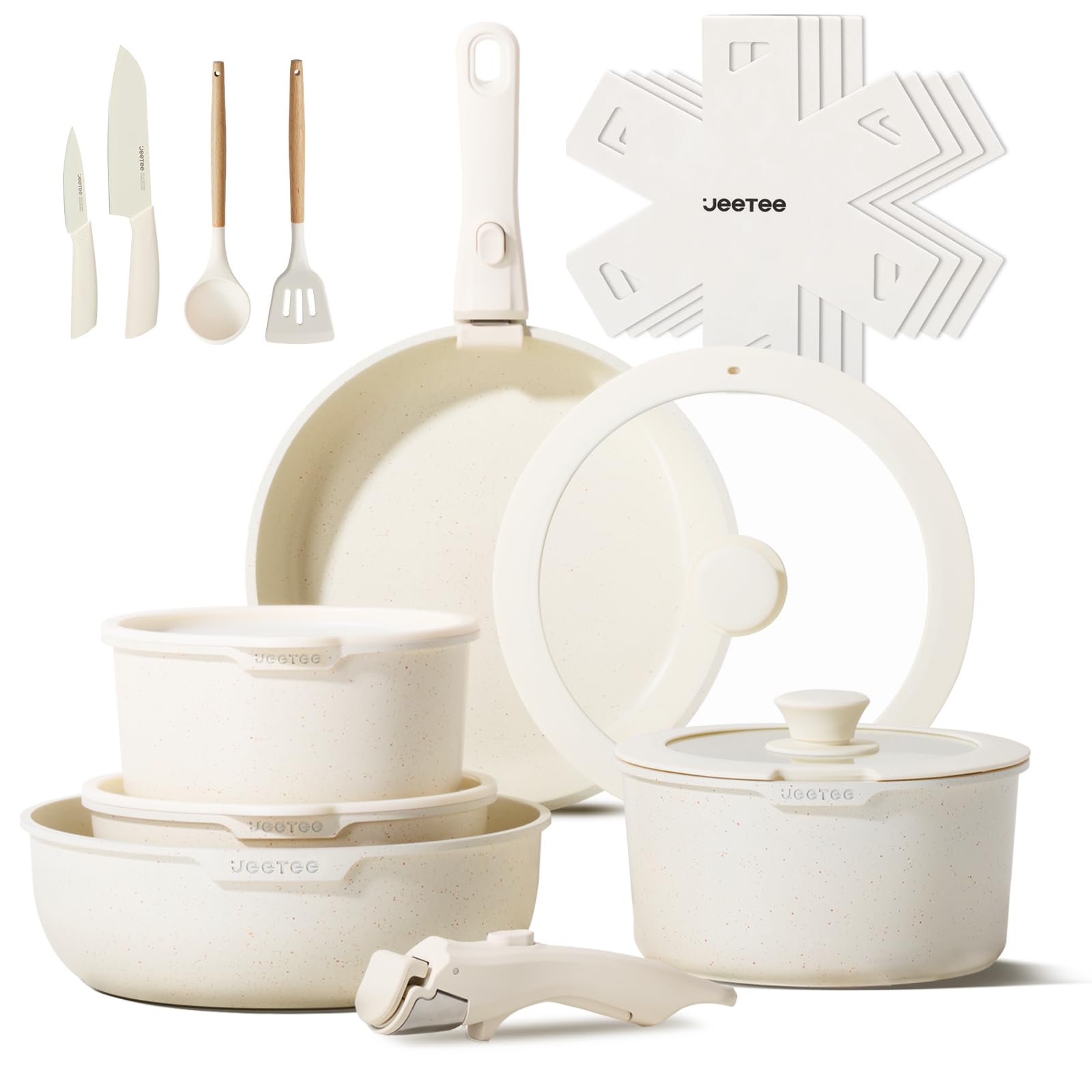 JEETEE Pots and Pans Set Non Stick 19pcs, Kitchen Cookware Sets with Detachable Handle, Induction Nonstick Cookware Set with Removable Handle, Stackable RV Cookware, Oven Safe, PFOA Free, Beige Image
