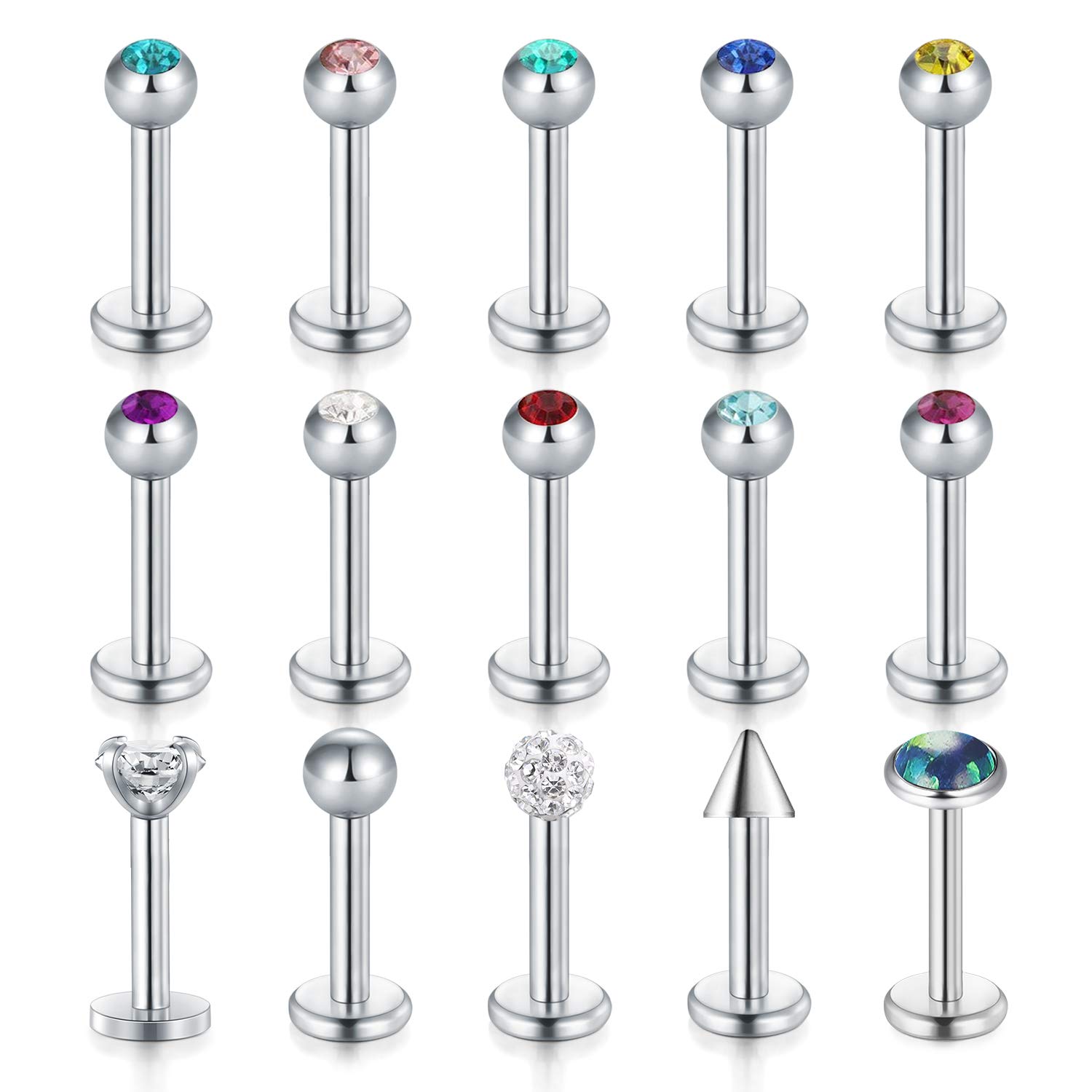 FECTAS 15pcs Lip Bars Studs Set Stainless Steel 6/8/10mm 16G Labret Monroe Tragus Helix Earring Bars Piercing