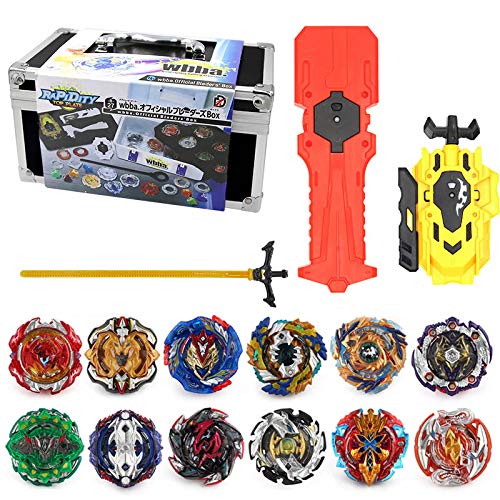 3T6B Spinning Tops Gyro Toy Set, 12pcs New Spinning Tops with 2 Turbo Blast Launchers Aluminum Alloy Case Gyro Rotating Pocket Box Portable Case