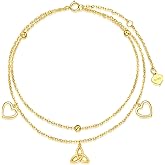 Solid 14k Gold Celtic Knot Anklet for Women,14kt Real Gold Layered Irish Trinity Celtic Knot Heart Anklet Summer Beach Anklets Jewelry Gifts for Her Wife Mom,8''+2''