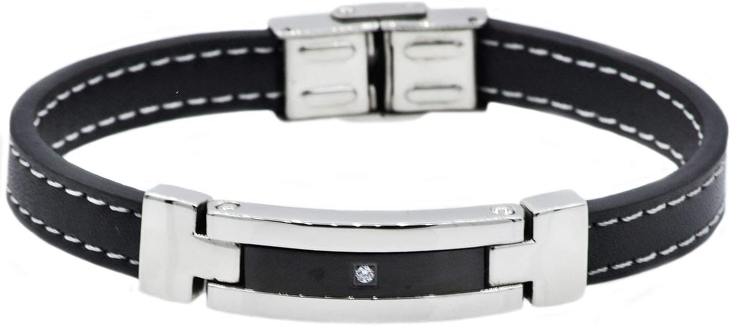 Blackjack Jewelry Men's Leather and Plated Stainless Steel Bracelet with Cubic