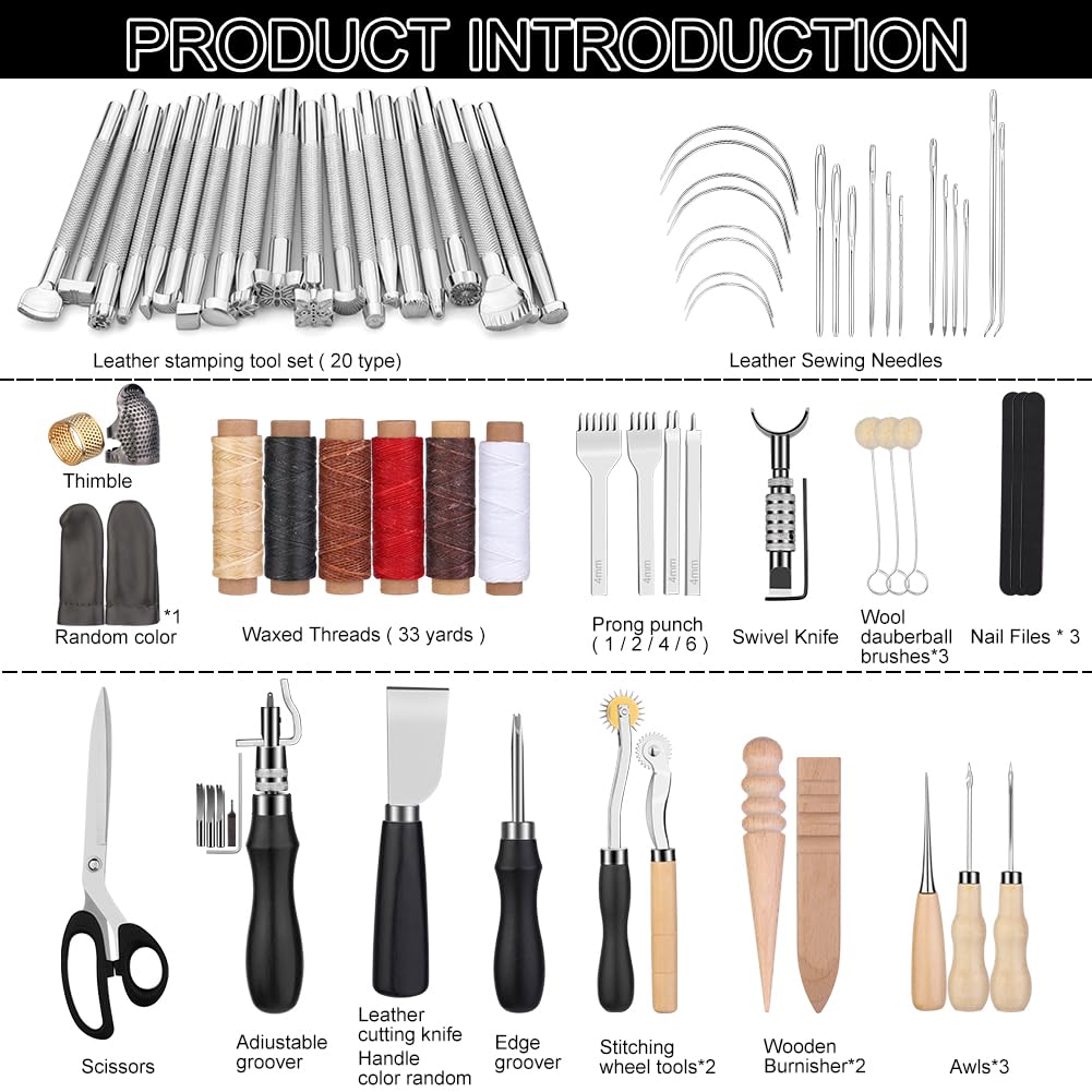 Leather Working Tools Leather Craft Tools for Carving Stamping Sewing Punching Cutting with Custom Custom Storage Bag Professional Tooling Kit for Crafting, Repair & DIY Projects