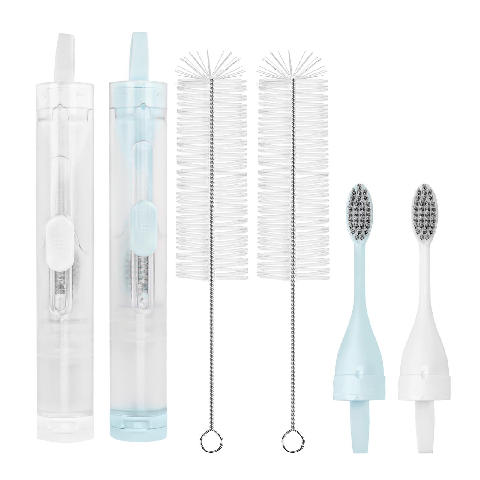 Linkidea 2 in 1 Portable Toothbrush Built-in Tube, Refillable Toothpaste Container Case, Travel Fold Kit with 2 Replace Head and 2 Cleaning Brushes (Blue, White)