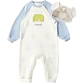 Babygreat Infant Baby Boy One Piece Romper- Long Sleeve Unisex Organic Cotton Bodysuit Set with Hat, Animal Designs