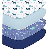 Little Grape Land Crib Sheets Baby Toddler Sheets 4 Pack Fitted for Boys Girls, Standard Size 28x52‘’ Crib Mattress, Super Soft Breathable Washable Microfiber (Whale/Shell Blue/Ocean/Navy)