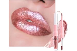 EVPCT Rose Gold Metallic Lip Liner and Lipstick Combo Lip Gloss Tints Stain Set Makeup for Women Long Lasting Waterproof 24, Light Pink Metallic Glitter Shimmer Iridescent Liquid Lipstick lippies Lip Gloss