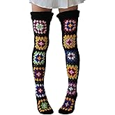 Leoparts Crochet Thigh High Socks Granny Square Over Knee High Retro Knitted Stocking Colorful Leg Warmers