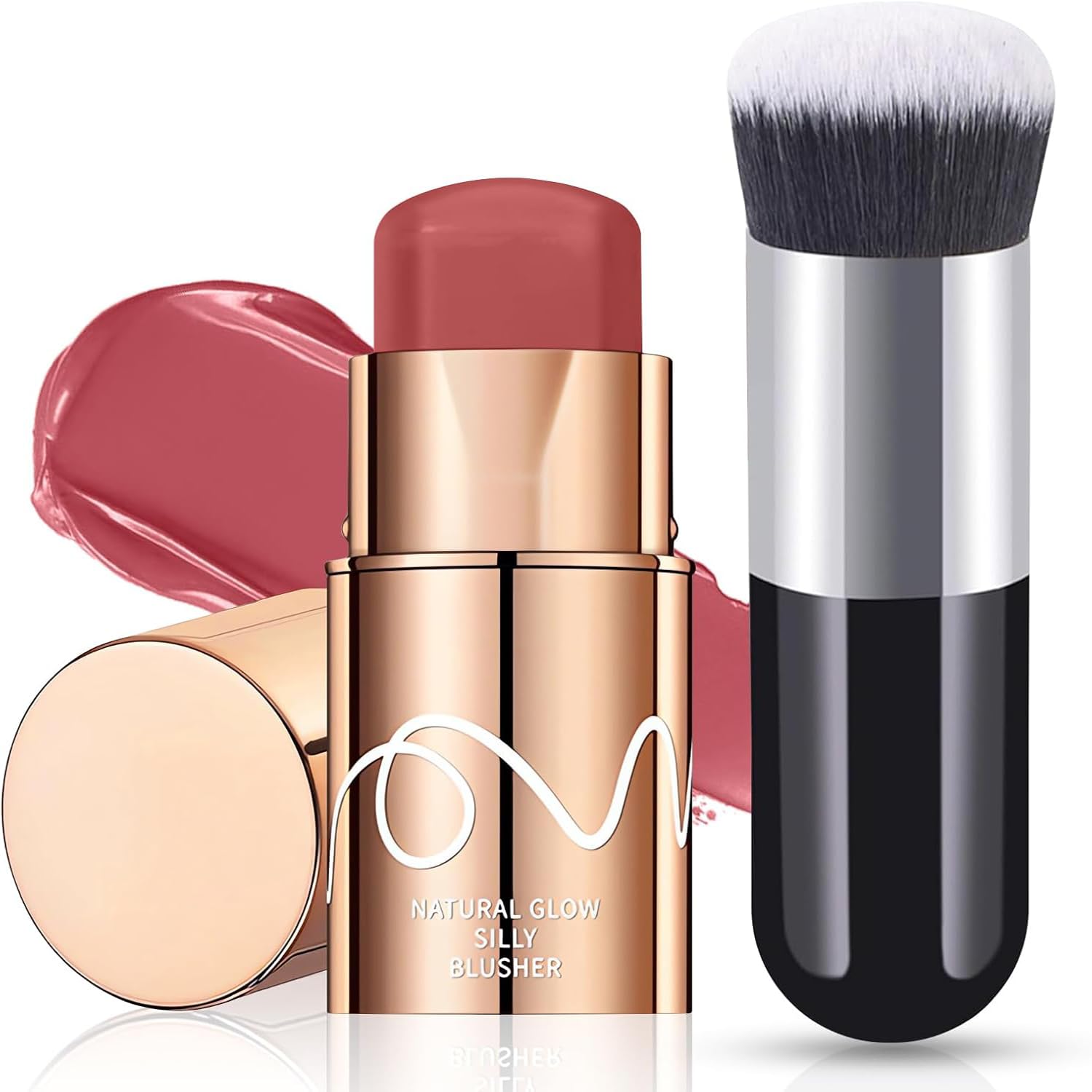 Cream Blush Stick, 3-in-1 Multi-Use Blusher Contour for Lip Cheek Eye, Long-lasting Waterproof Cream Blusher with Makeup Brush, Moisturize Blush Wand, Lightweight Face Blusher for Women Nature Look
