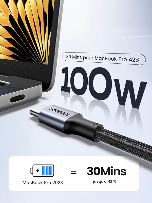 Lot de 2 Câble USB C PD3.0 100W 5A 20V Charge Rapide (1M)