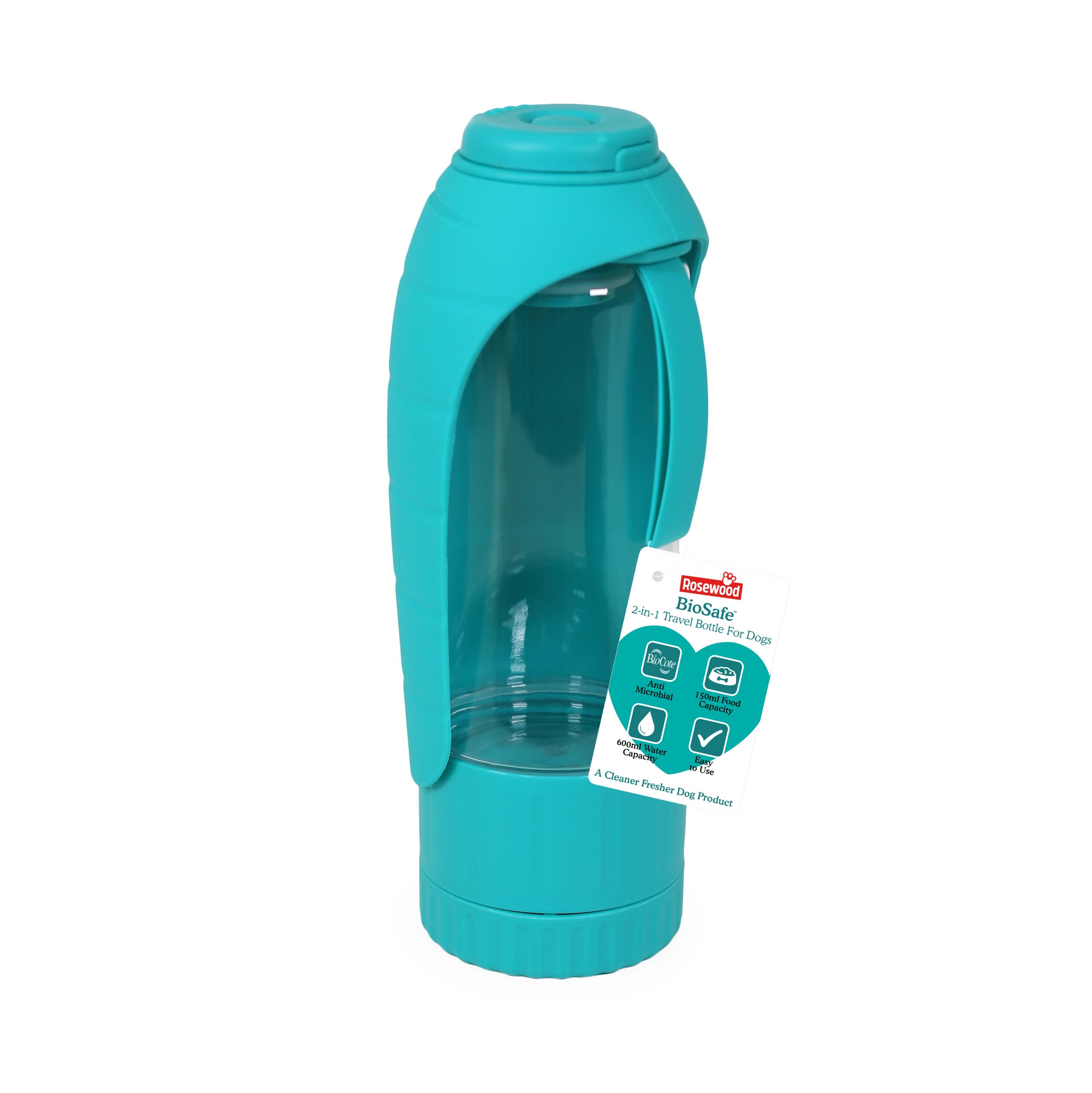 Rosewood BioSafe 2-in-1 Dog Travel Bottle with Flip-Up Silicone Bowl & Treat Dispenser, Portable Water Bottle for Dogs, BioCote Technology for Germ-Free Feeding, Ideal for Walking, Hiking, Traveling