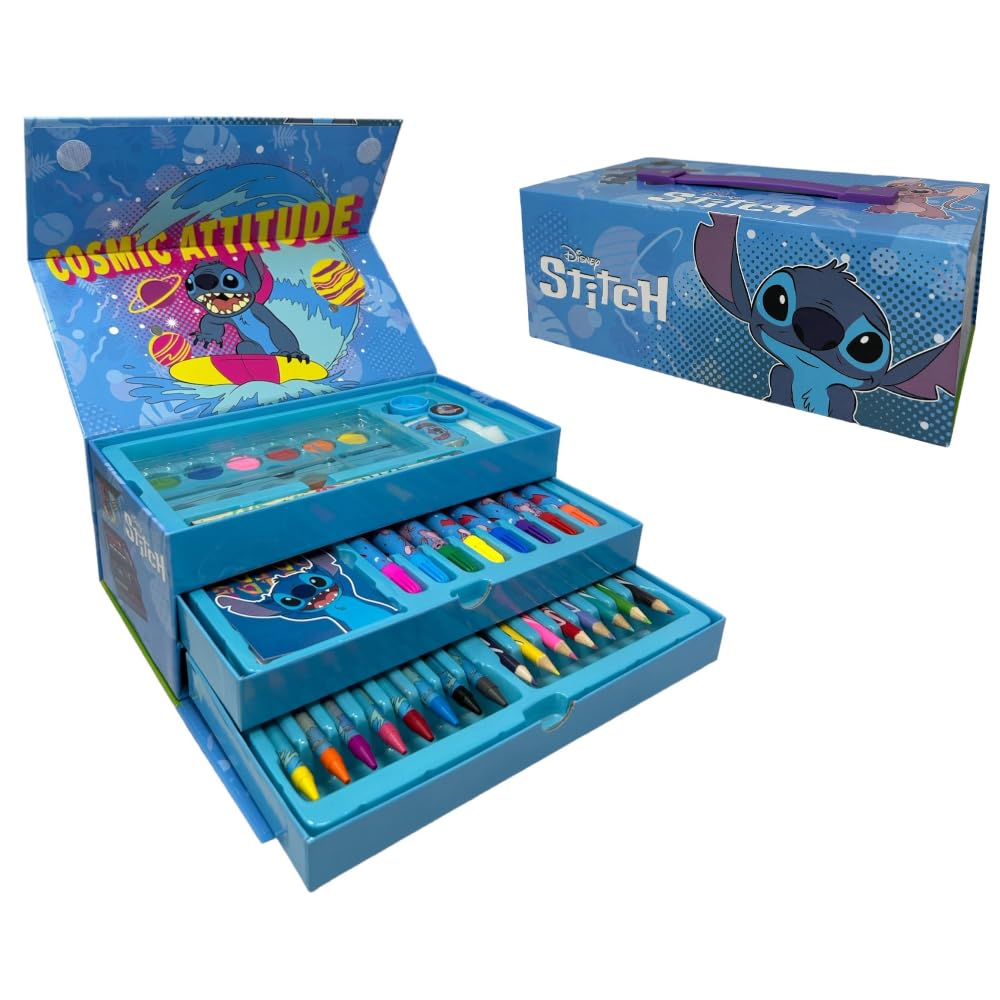 Cartoon CARTOON Disney Stitch and Angel Children's Colouring Box 52 Piece Set of Colours and Stationery Box with Drawers Drawing and Painting Kit
