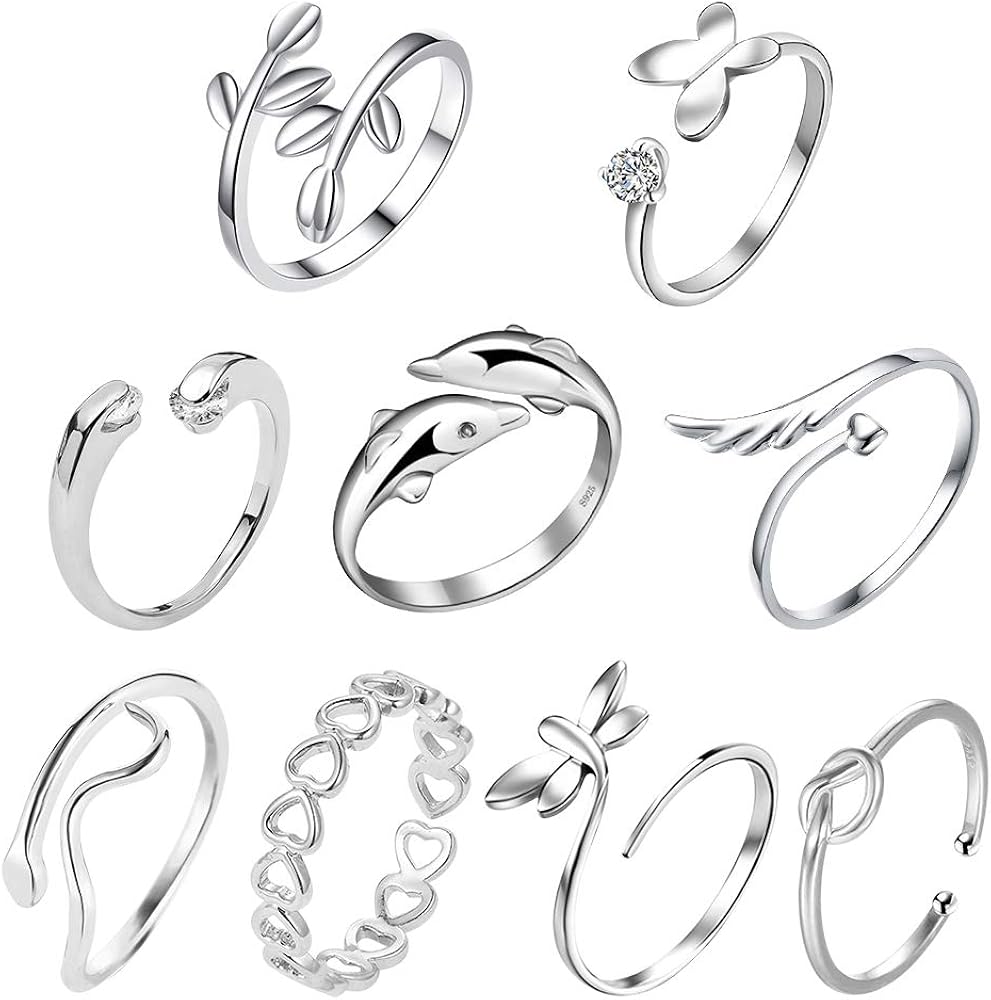 TUPARKA 9Pcs Silver Adjustable Rings Set Knot Adjustable Finger Ring Joint Ring Toe Ring Beach Jewelry Gifts for Women Girls