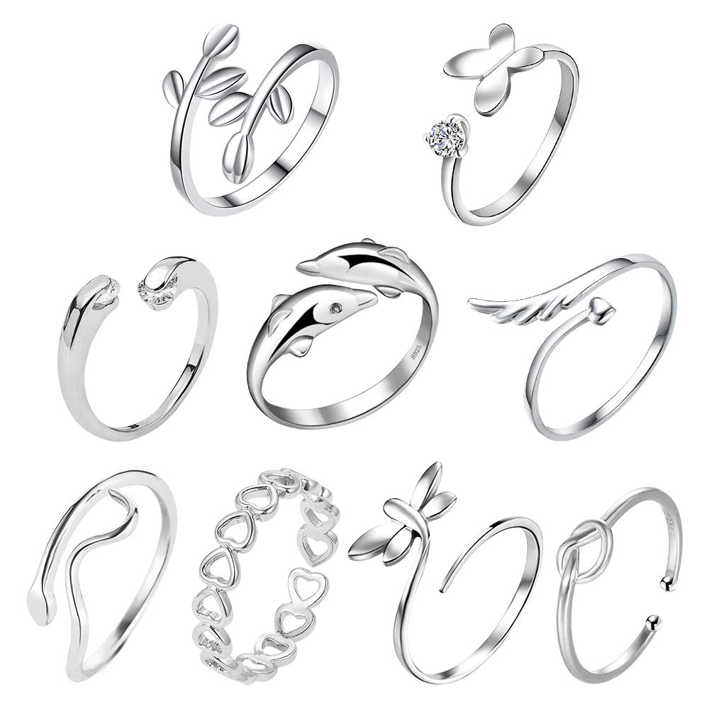 TUPARKA 9Pcs Silver Adjustable Rings Set Knot Adjustable Finger Ring Joint Ring Toe Ring Beach Jewelry Gifts for Women Girls