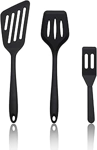 3 PCS Silicone Spatula Set, Heat Resistant Fish Spatula Fish Turner, Premium Silicone Turner Kitchen Utensils Set for Cooking Baking and Mixing (Black)