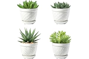 SUREASY HOME & KITCHEN Sureasy Succulent Pots, 3.5 Inch Flower Pots for Indoor Plants, Small Plant Pots with Saucer & Drainage, Decorative Ceramic Planters for Succulent, Cactus, Set of 4, White