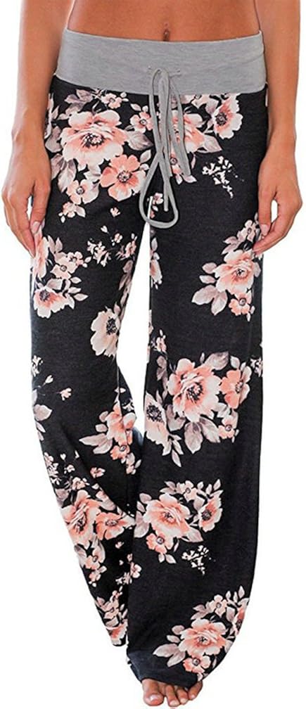AMiERY Women's Comfy Casual Pajama Pants Floral Print Drawstring Palazzo Lounge Pants Wide Leg at  Women’s Clothing store