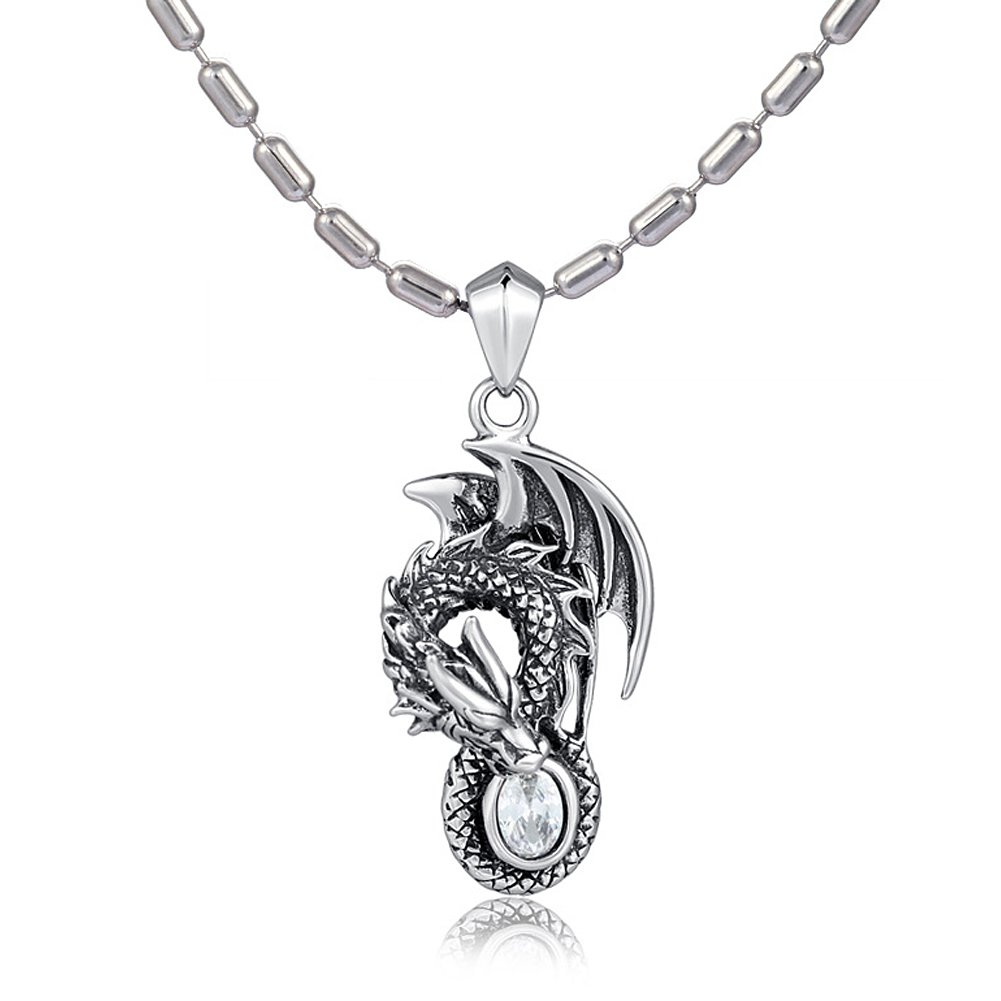 DonDon Men's Stainless Steel Necklace 55 cm with Dragon Pendant Stainless Steel with White Stone in Velvet Bag
