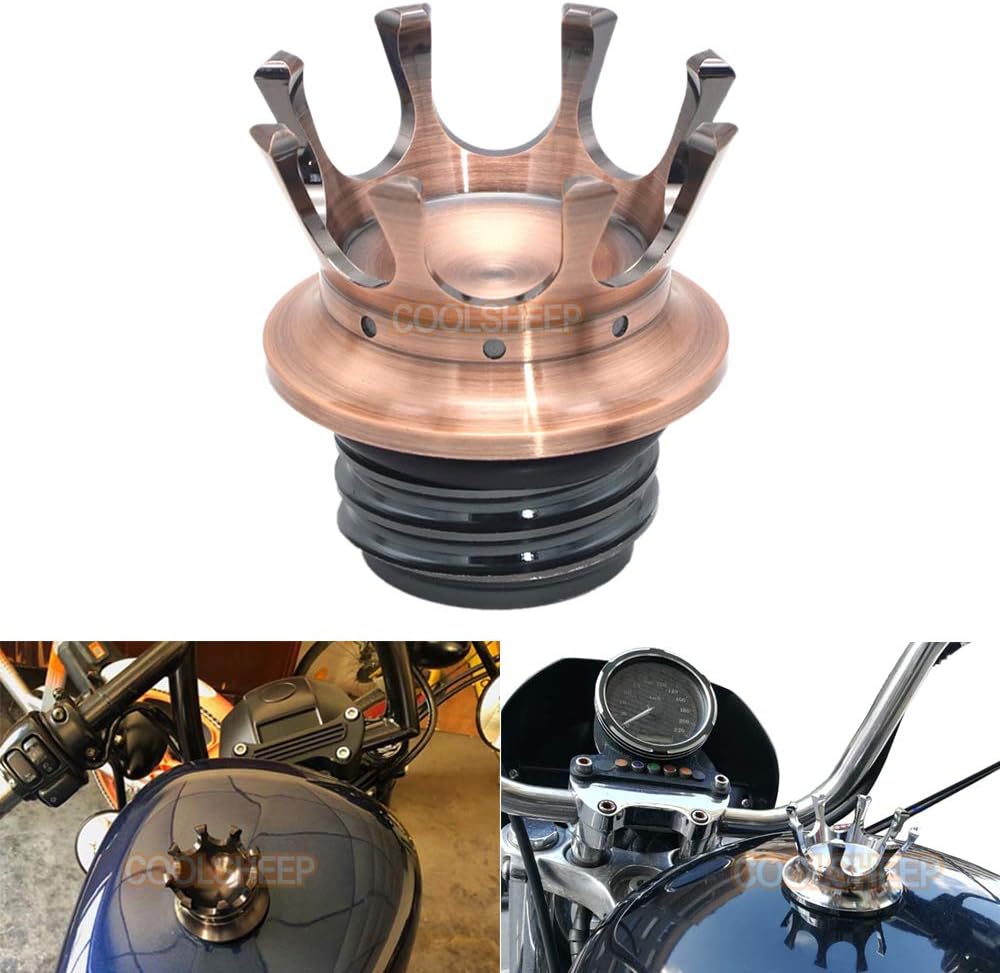 Coolsheep Motorcycle Gas Cap Fuel Tank Oil Cover Crown Style Universal for Harley Sportster XL 1200 883 48 Dyna Touring Road King Softail Freewheeler FLRT FLST Brozed