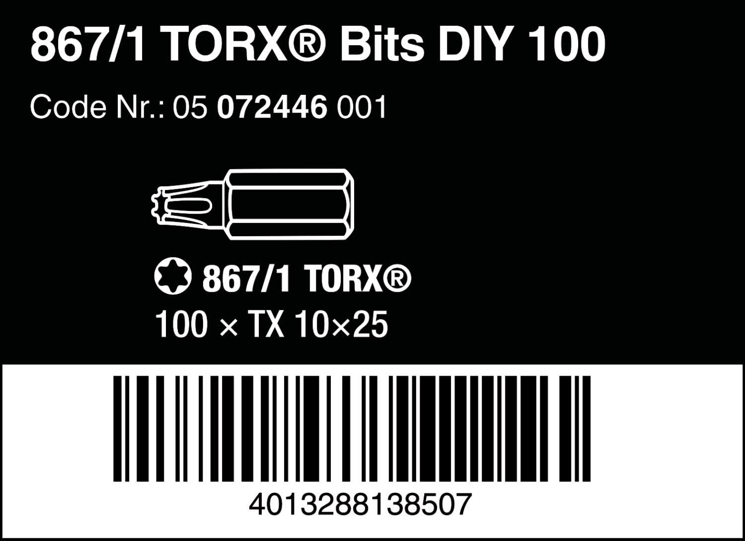 Wera 05072446001 867/1 TORX® DIY 100, TORX® Bits, TX 10 x 25 mm, 100 Pieces, Silver, T10 - Image 3