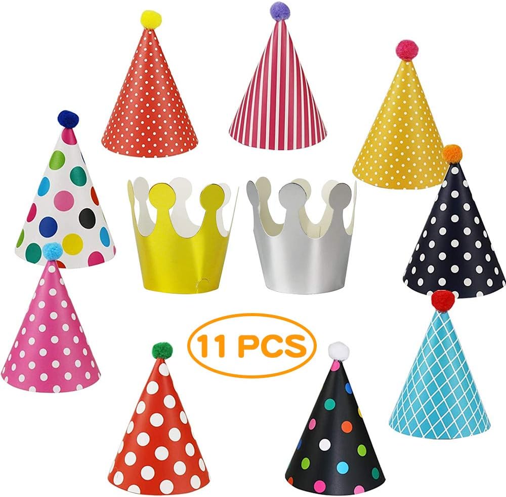 YASQZ Party Hats, 11pcs Birthday Party Cone Hats With Pom Poms ( 9 Hats