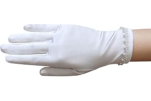 ZaZa Bridal Girl's Satin Gloves with pearl bead edging around the Wrist/White
