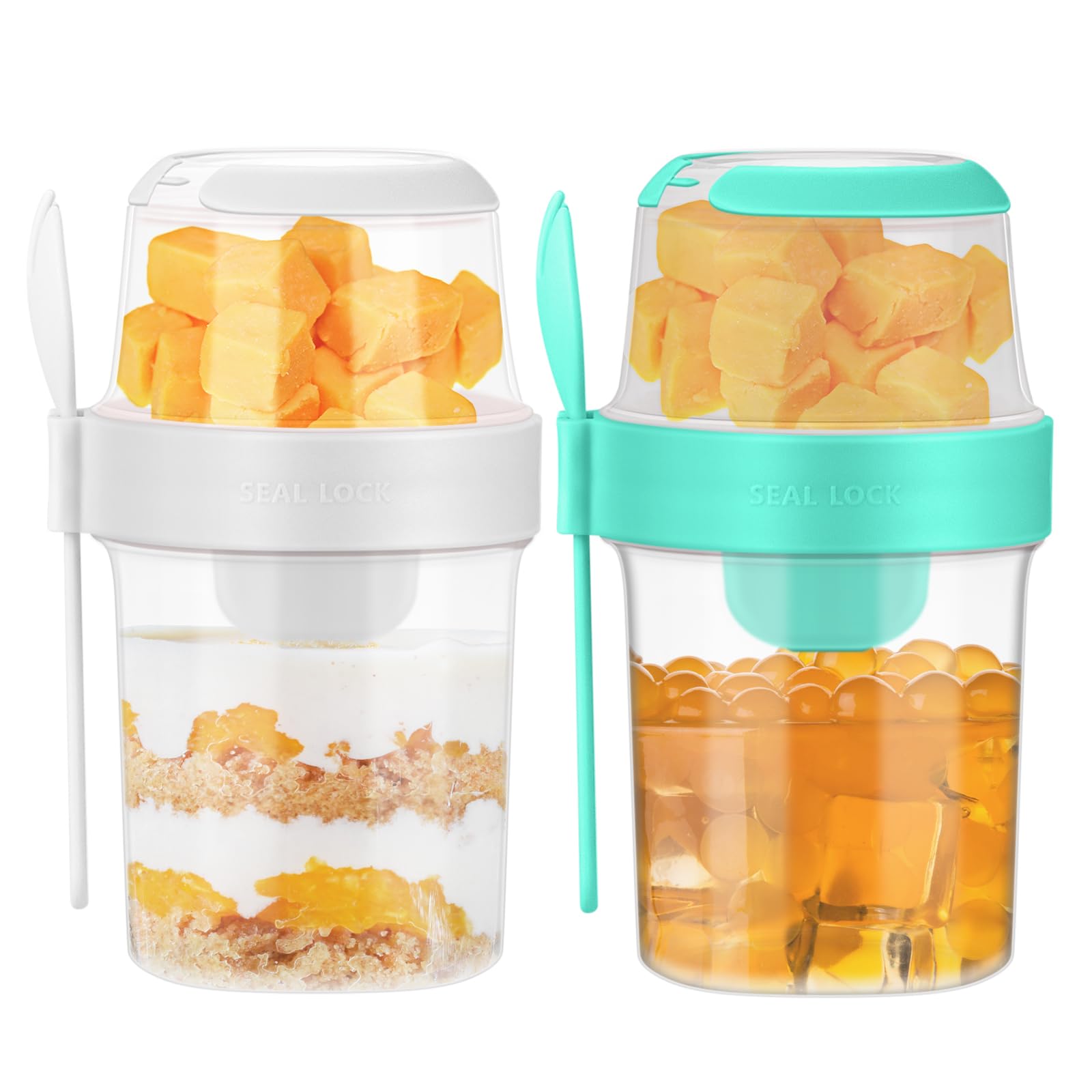 wiksite 2Pcs Overnight Oats Container, 870ML Yogurt Pots Reusable Salad Cups with Lid Spoon Breakfast Jar Breakfast Pot Muesli Cup for Salads Fruit Cereal Milk Porridge (Green + White)