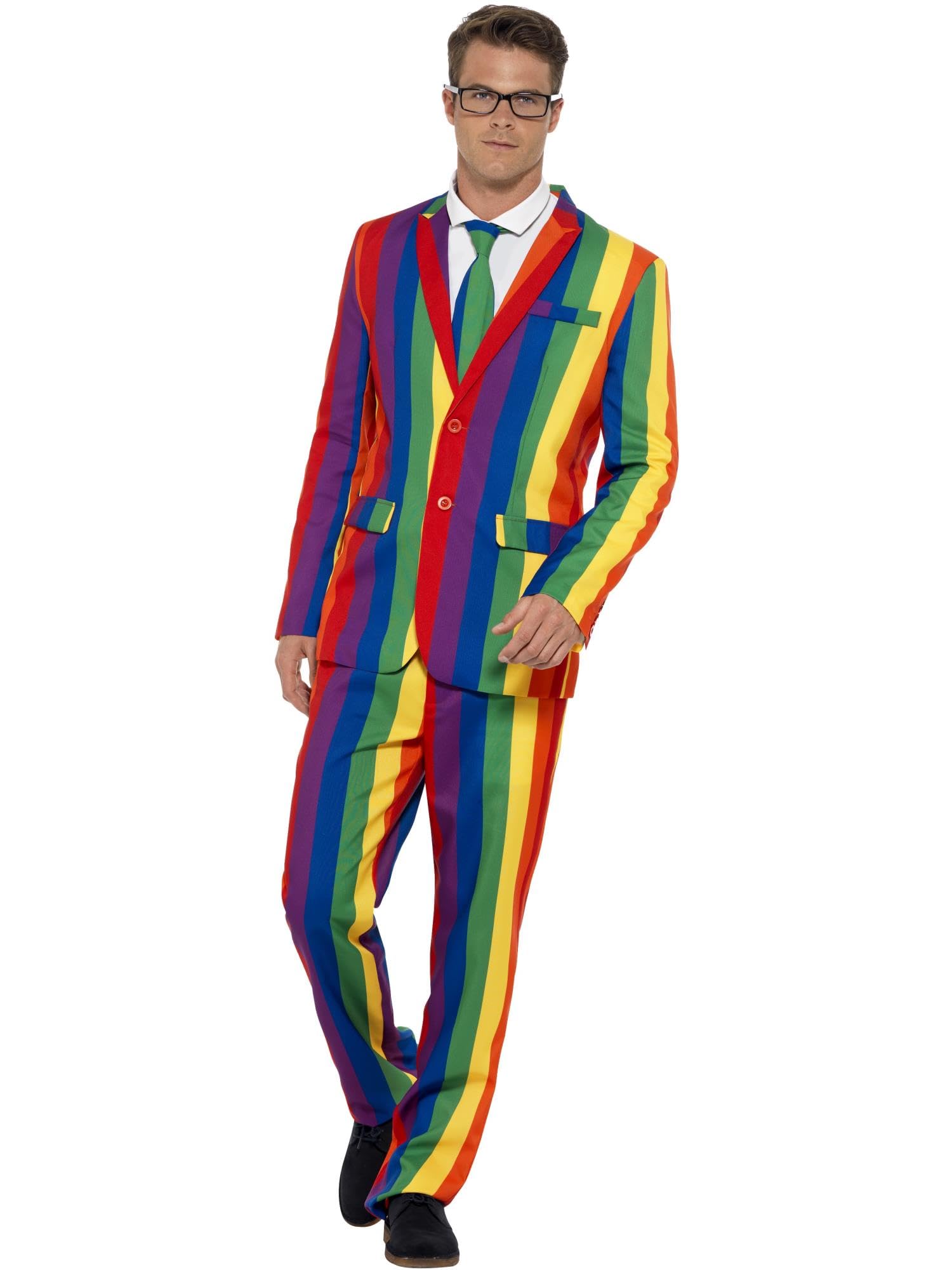 Smiffys Over The Rainbow Suit, Multi-Coloured with Jacket, Trousers & Tie, Stand Out Suits Fancy Dress, Adult Dress Up Costumes Halloween