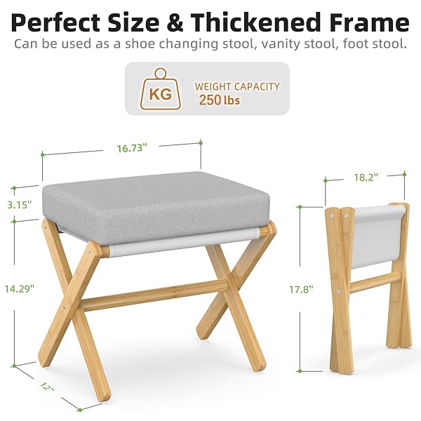 BAMBOOHOMIE FOLDABLE FOOT STOOL OTTOMAN, MODERN FOOT REST WITH BAMBOO X LEGS & THICK FOAM CUSHION, FOLDING FOOT STOOLS SMALL PADDED FOR BEDROOM LIVING ROOM, FOOTSTOOL FOR CHAIR COUCH (NATURAL – GREY)