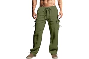 GENERIC Linen Cargo Pants Men Relaxed Drawstring Pants Elastic Waist Multi Pack Pants Lightweight Lounge Pants Loose Trousers